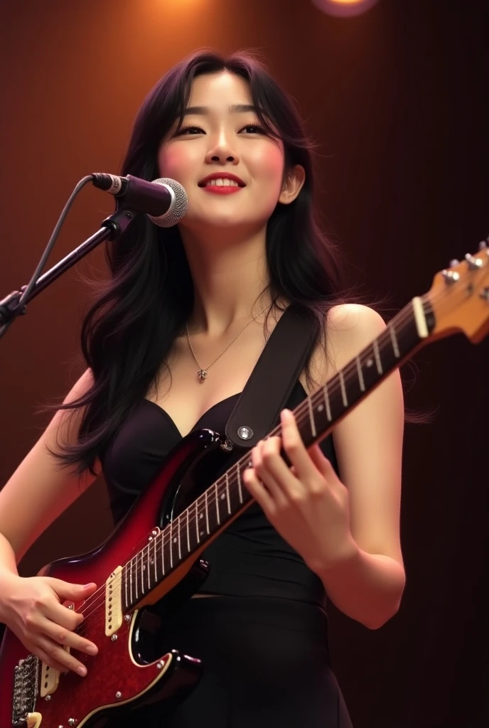Woman standing next to cat with electric guitar