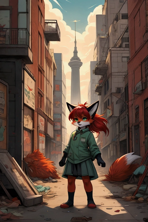 a small bodied anthro fox girl with red hair and seafoam green eyes and orange fur with black glove markings in secondhand boy's clothes playing alone in a lonely urban public playground, in a graphic novel style