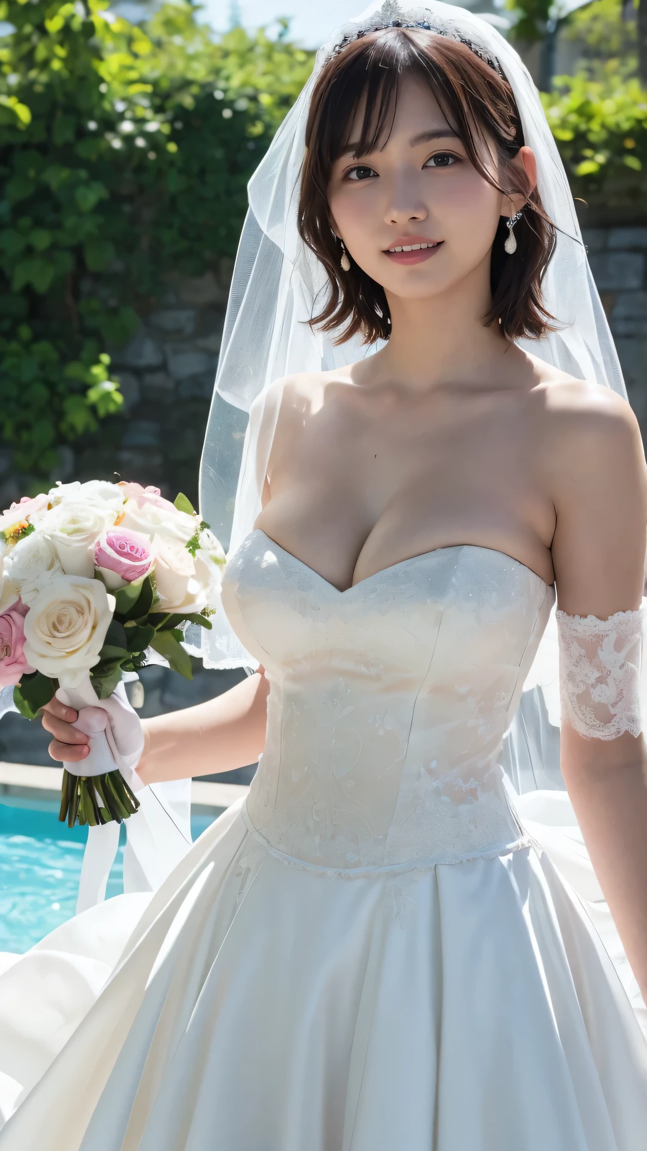 (((Pixel perfect, Perfect details))), alone, 1 girl, yuigahama yui, Close-up of beautiful bride wearing beautiful wedding dress,Gurwitz, (bridal veil:1.5),(transparent short veil:1.5),blush,eye shadow,Blushing face,Head flower,headgear,bouquet,(tube top wedding dress:1.5),(silk dress:1.2),(strapless wedding dress:1.5),pure white dress,necklace,earrings,(large breasts:1.3),Bangs,lipstick,(White long elbow gloves:1.4),whole body照,High-detail RAW color art,White long skirt,whole body,(standing on the railroad tracks:1.3),18 years old, (long twintails:1.5),(double bun:1.5), black hair
