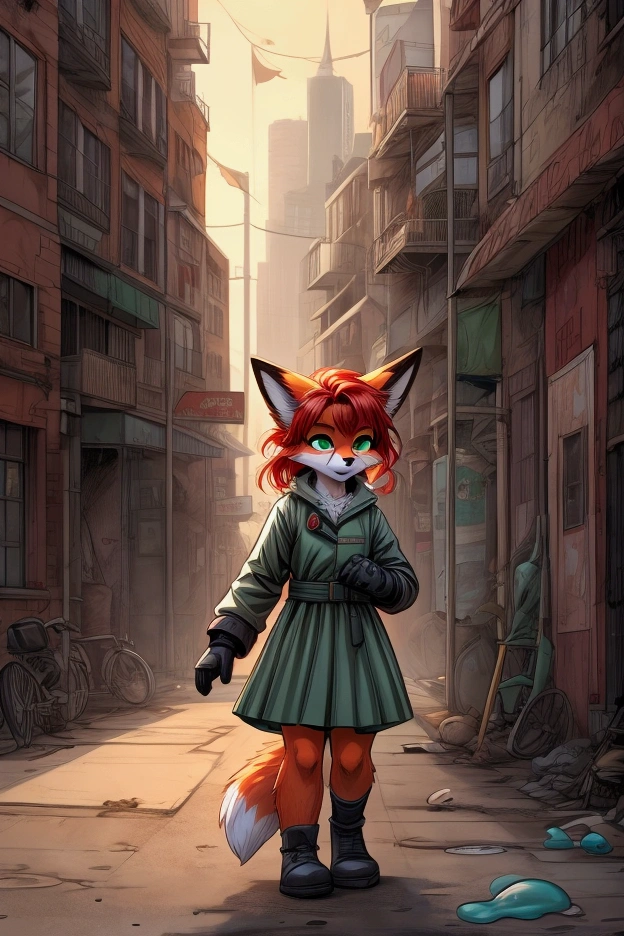 a small bodied anthro fox girl with red hair and seafoam green eyes and orange fur with black glove markings in secondhand boy's clothes playing alone in a lonely urban public playground, in a graphic novel style