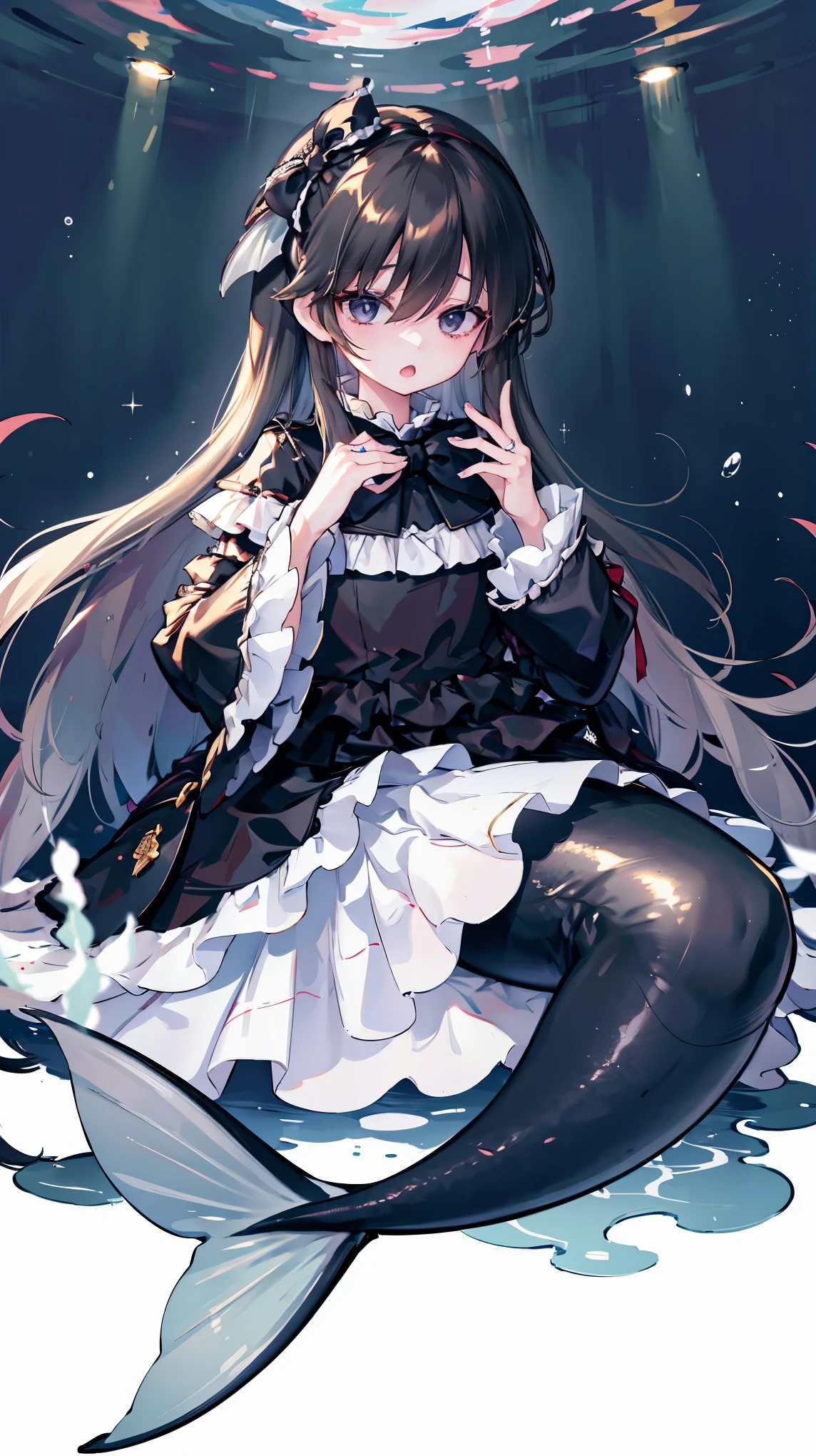 (masterpiece,  best quality),(Full fingers),Mermaid,A girl, hair between eyes , very long hair,black eyes,Hairpin,Dark hair,Wide sleeves, black dress , blue bow ,Ruffle dress,  ruffle sleeve , alone,黑色的Mermaid尾巴,Full body photo,(Underwater:1.2),Sitting on the rock,Open your mouth