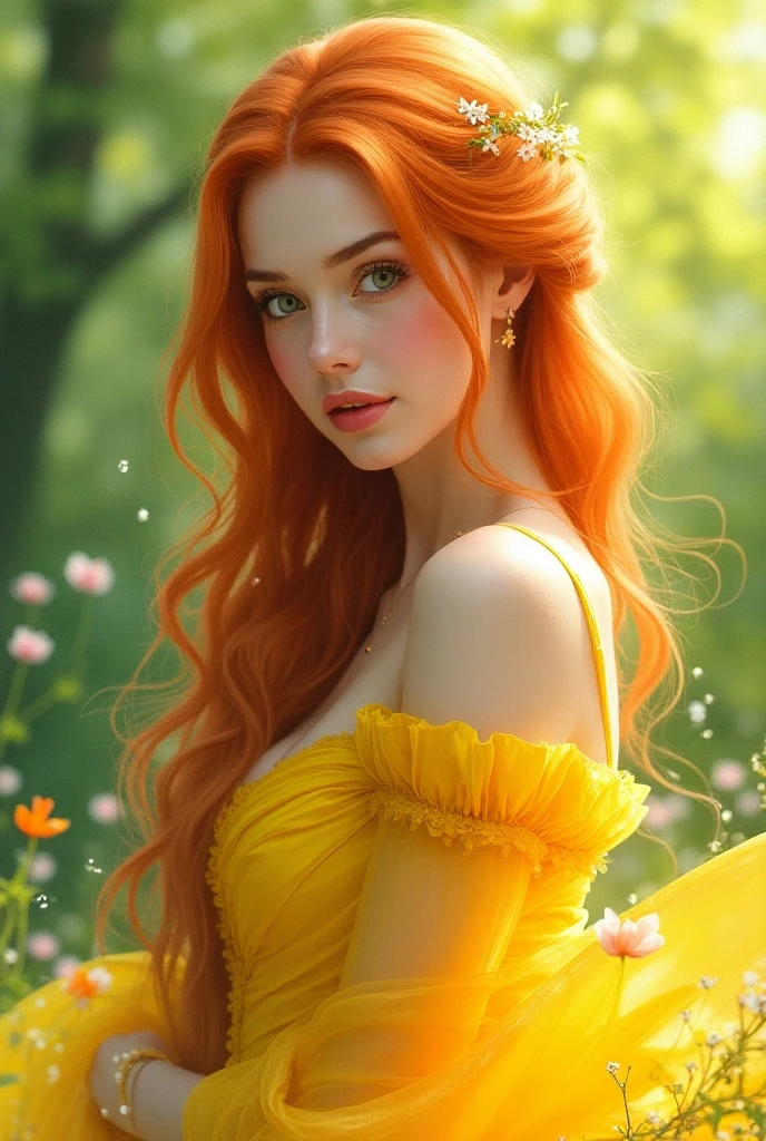 The book cover features a woman with bright red hair., that flow in soft waves to the shoulders. Your skin is extremely clear and delicate, with a porcelain tone that enhances its softness. She displays a gentle and sweet expression, with a subtle smile that conveys an air of serenity and affection.
The woman is dressed in a charming yellow dress, decorated with egg prints that are both delicate and elegant. The prints are artistic and very detailed., with a playful touch, but in a subtle way, adding a unique charm to the dress. The dress has a fluid and light design, with a fit that exudes grace. Details like small bows or refined embroidery add a touch of sophistication to the look..
About the dress, the woman wears a thin, ethereal cape, that flows smoothly and has a slight shine, creating an aura of delicacy and dreaminess. The cover is transparent and looks almost magical, completing the look with a touch of enchantment.
The cover background is soft and harmonious, perhaps with pastel tones or a delicate gradient, to complement the central figure without distracting from it. The overall design of the cover should convey a combination of sweetness and sophistication., with a touch of innocence and serene beauty, creating a memorable and attractive impression.