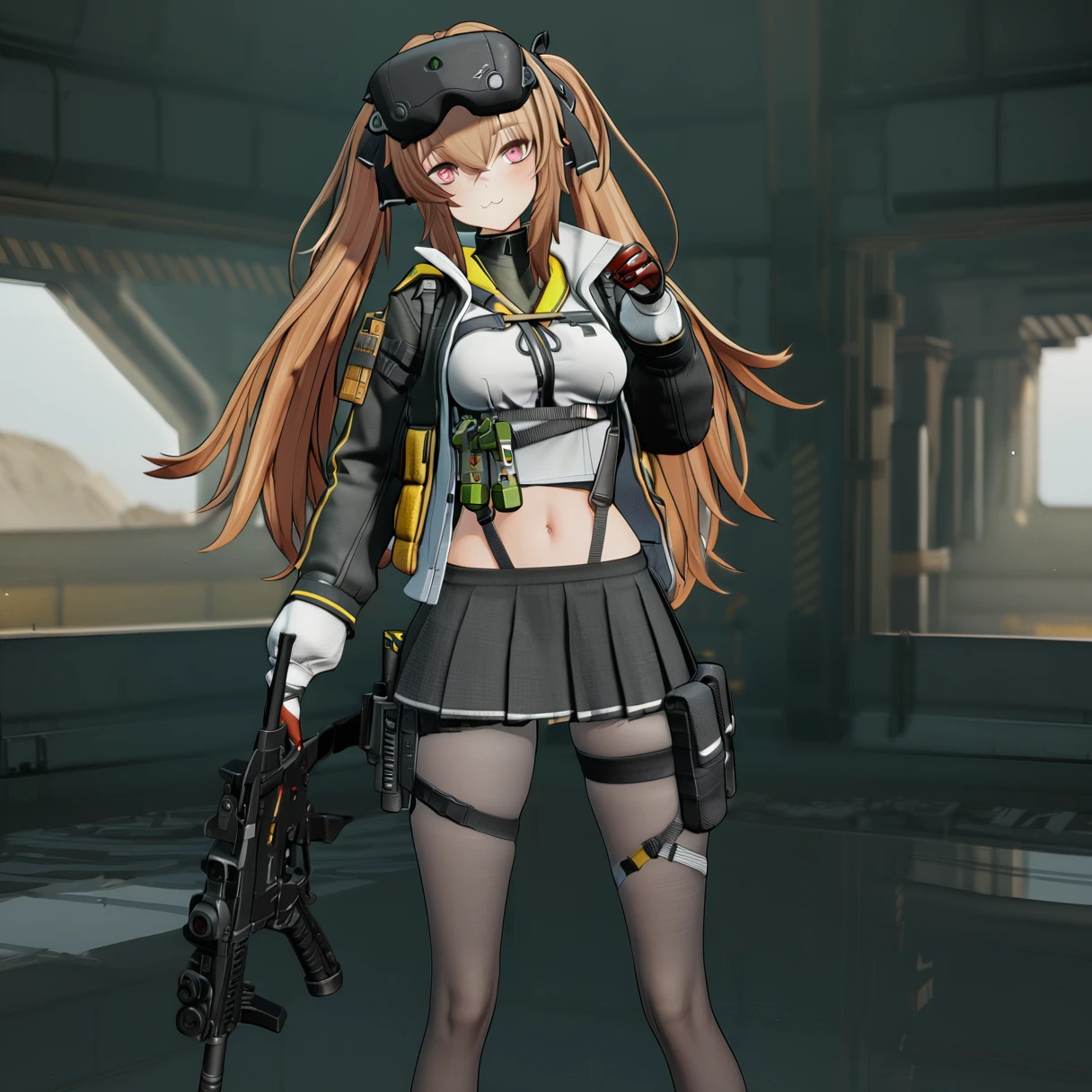 masterpiece,  best quality, UMP9 \( Girls Frontline\),  twin tails, :3,  clevis,  Staring at Viewers , Scar above eye, 3D Style, Put your hands on your stomach ,  Black Skirt , pantyhose, Submachine gun, 