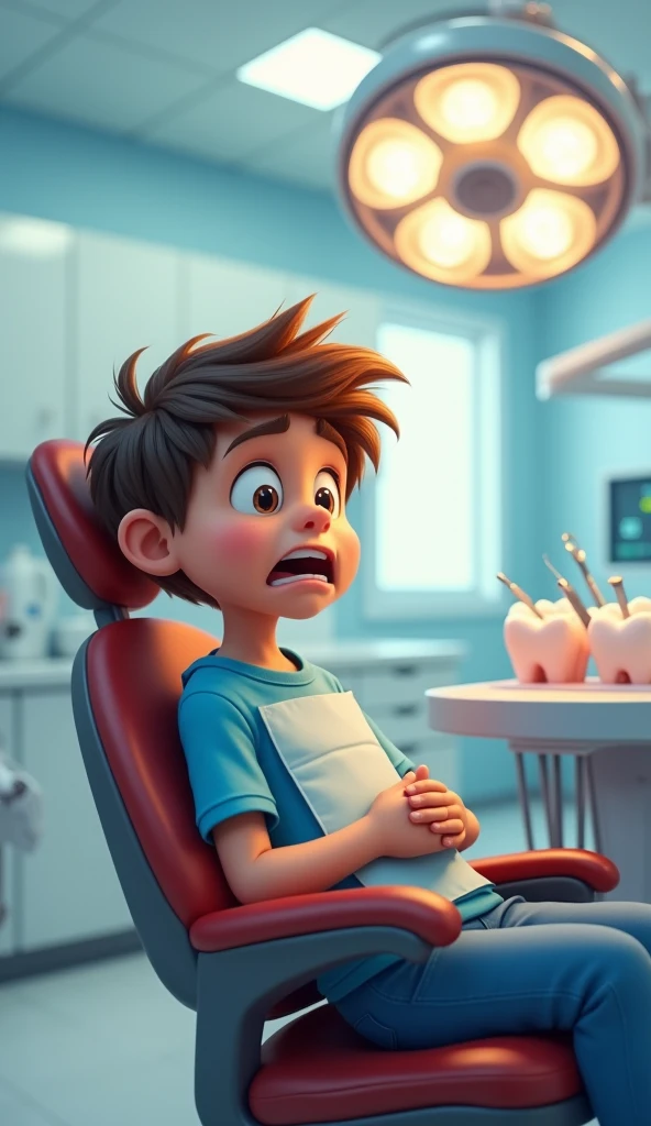 


John was scared and sad. He never thought that not brushing his teeth could cause so much trouble.. The dentist explained that to take care of your teeth, he would need to undergo treatment that included removing cavities and, Mainly, start brushing your teeth every day, especially after eating sweets.
Eight year old boy ￼