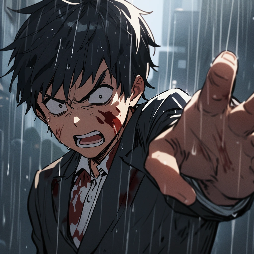 4K,   ,middle aged man，Big back，Black and white hair，wounded，Stick to the wall，Fall to the ground，bleed，wind coat，Business suit，irate ，Exaggerated expressions，two tone color hair， Detailed face, Detailed background,  Inside the museum，Detailed interior background，The contour is sharp