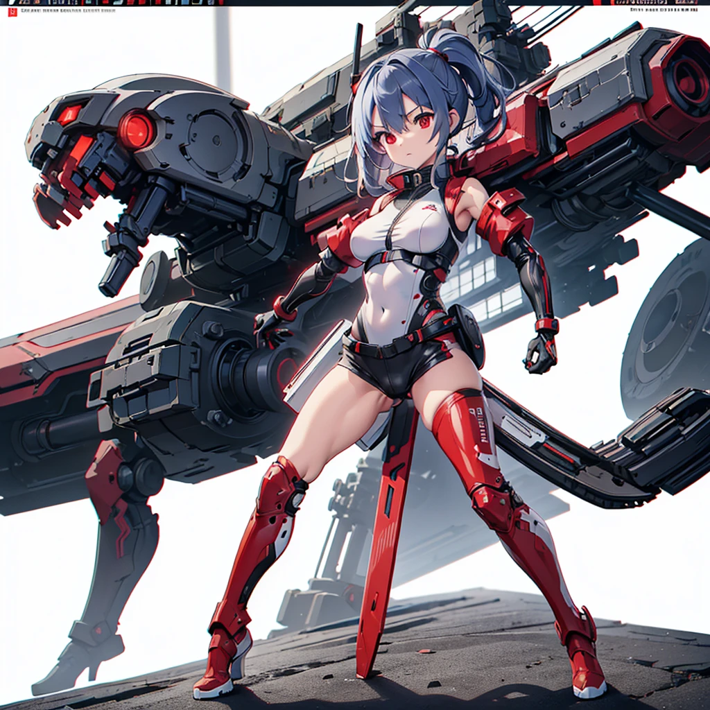 (masterpiece,  best quality), ( Perfect Athletic Body :1.2), (Detailed Hair), Super detailed,  Anime style , Full Body,  cyberpunk ninja gunner girl, Wearing techwear, Red accessories ,  equipped with giant tech guns , Black and white hair, stew, Mechanical Arm Guard, Wear tech boots, 8k high resolution,  trending art stations ,  White background , Standing in the Wilderness, whole body,