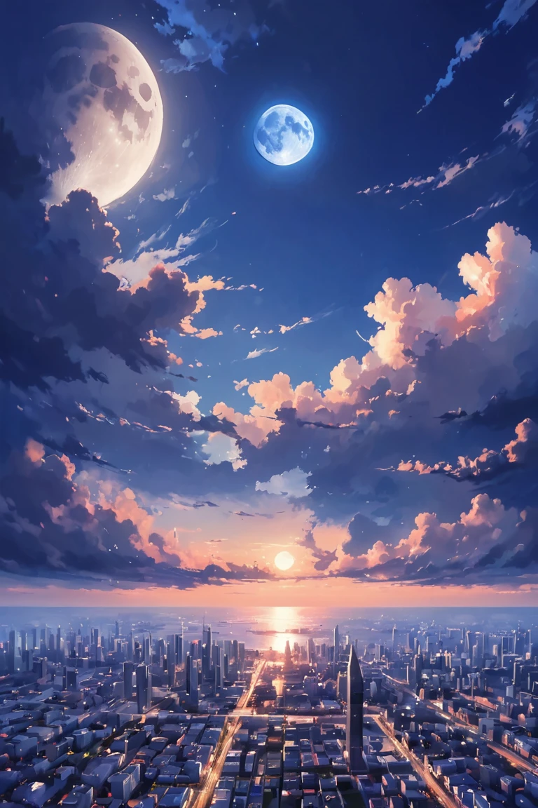 moon,blue sky, clouds, scenery, in a Lunar Rilles,city,sunset