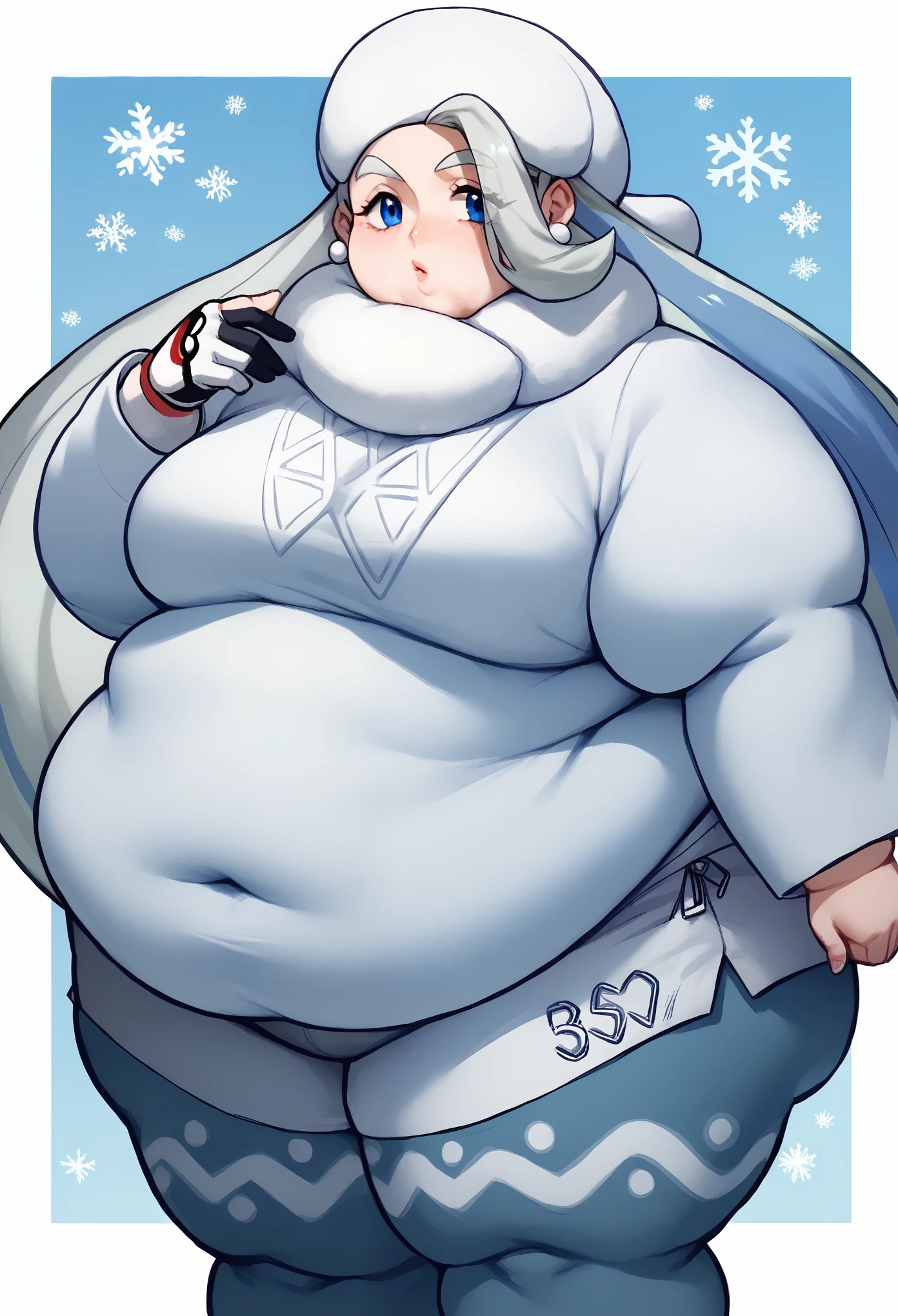 earrings, gloves, hat, jewelry, long sleeves, pantyhose, pantyhose under shorts, scarf, shorts, single glove, snowflakes, sweater, white headwear, white scarf, white sweater,
pokemonmelony, blue eyes, eyelashes, long hair, multicolored hair, streaked hair, grey hair, fat, chubby, obese