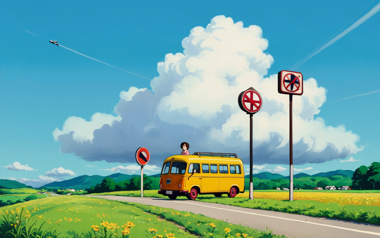 (minimalism:1.4), Bus stop , Studio Ghibli art, Miyazaki, pasture with blue sky and white clouds ,pastel , cute