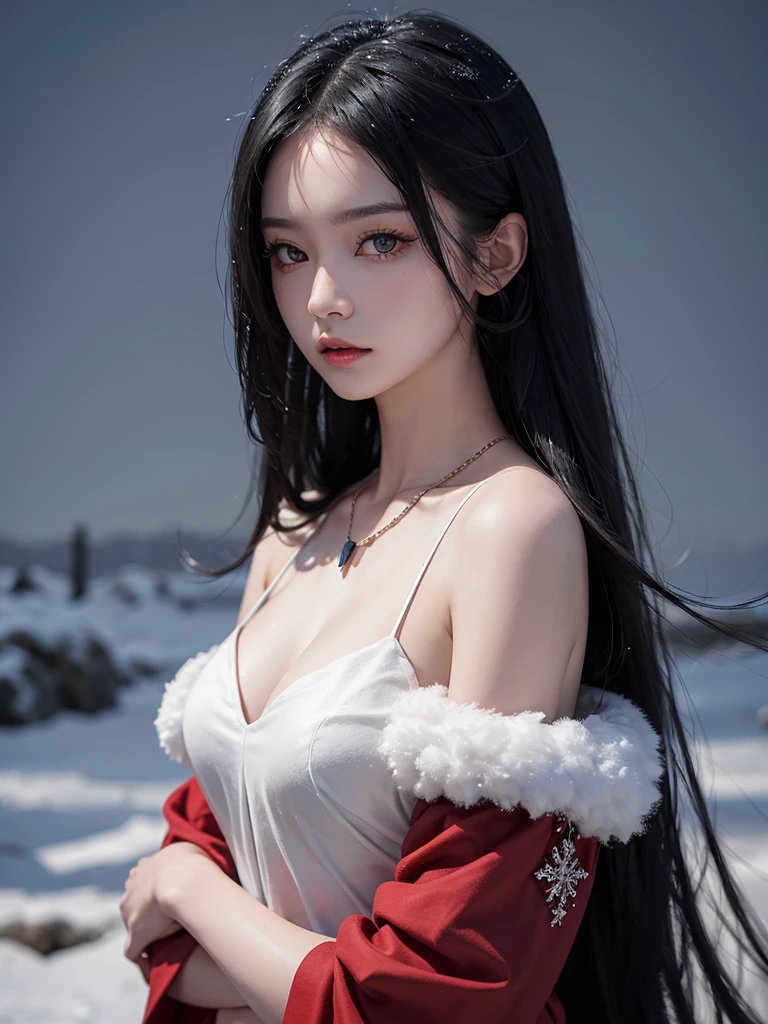 21 year old girl、Long twin tail hair、Bear Ear Headband。(Random Nudes)，Exhibitionism，((Random exposure of genitals))。　Beautiful areola。Fine hair。In the vast snowy mountains、Detailed and complex background。Black Hair。round face. Ski wear