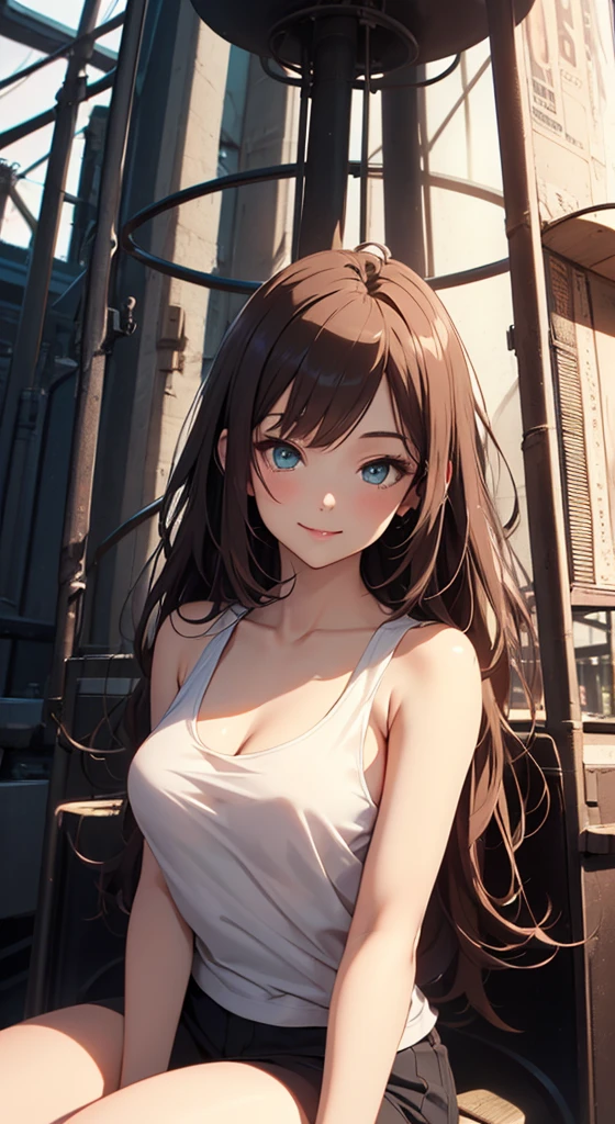 A photo realistic image of a beautiful, fit, 25 year old woman with freckles, wearing a tank top. She has strands of brunette hair in her face and is sensually biting her lower lip. Its a portrait of her face and breasts looking out of the screen at the viewer.