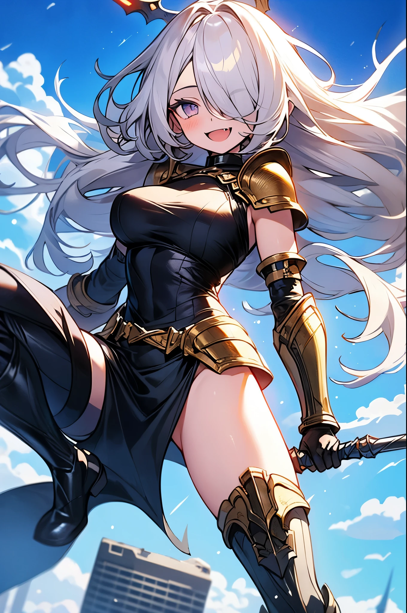 Beautiful girl、17 years old、exposed metal armor、belly button、Shabby cape、Longsword in one hand、Thighs、Glowing Skin、Lesbians all over、stand、Ruins in the background、Burning Flames、Fight monsters、Anime cute face、Dear Viewers,、Long silver hair、Metal Boots、片方のThighsに黒いリボンが巻かれている