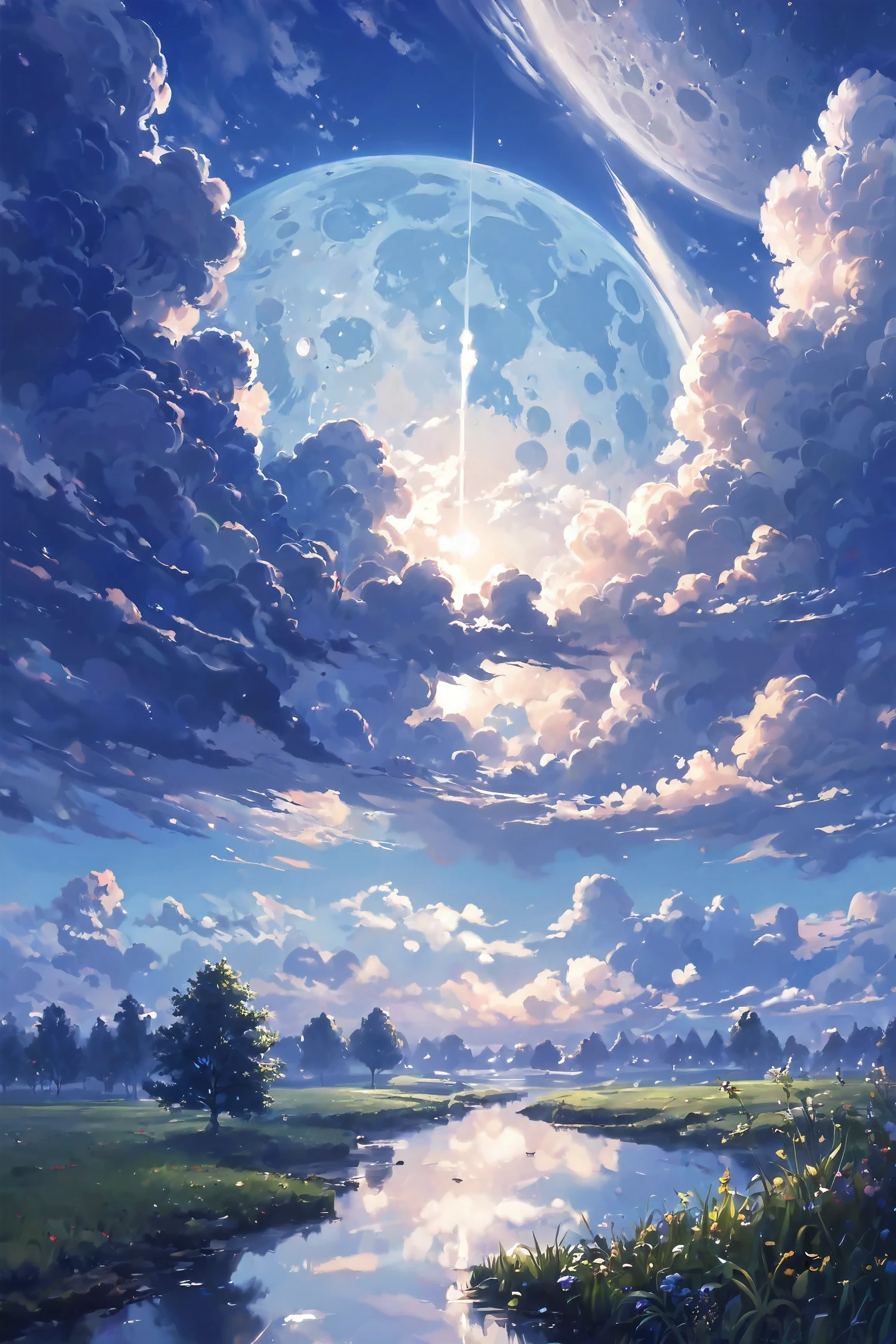 morning, blue sky, clouds, scenery, in a Lunar Rilles,garl