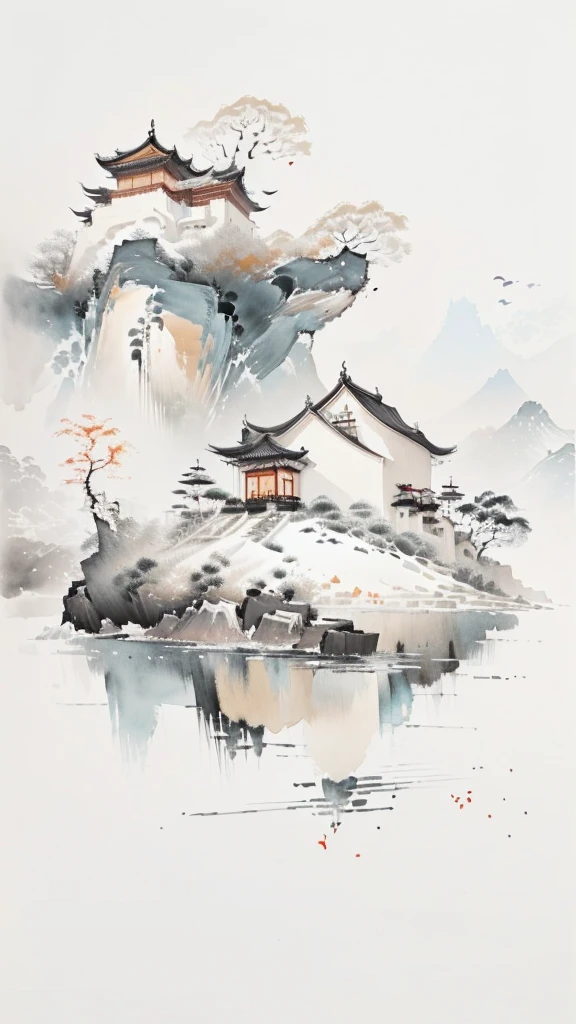 there is a painting of a house with a tree and a person sitting under it, chinese painting style, chinese watercolor style, chinese style painting, traditional chinese painting, traditional chinese ink painting, ink painting ) ) ) ), chinese brush pen illustration, by Zhou Fang, traditional chinese watercolor, inspired by Dong Qichang, chinese ink painting, by Dong Qichang