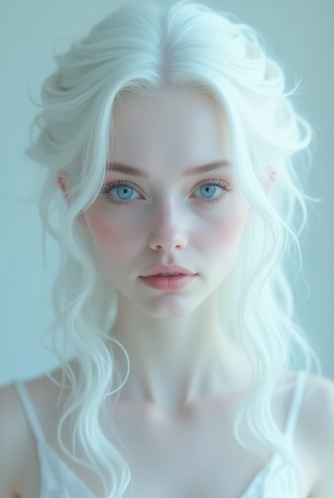 woman with fine features, albino, blue eyes and long curly hair