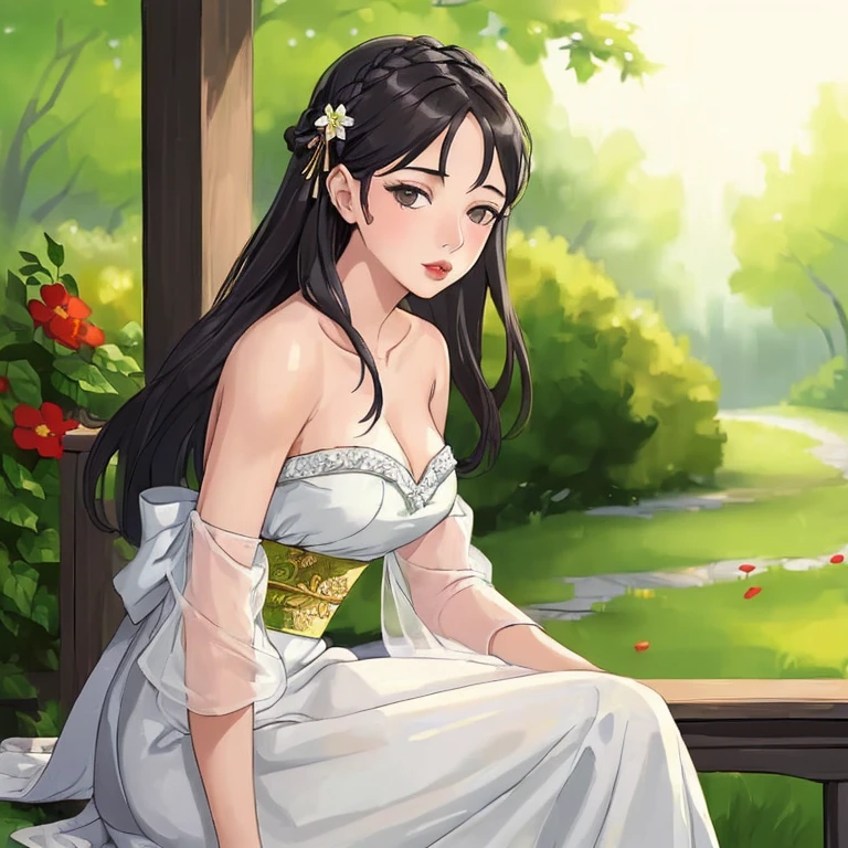 (young woman: 1.5), lace, ribbon, Hanfu, (masterpiece, side light, delicate and beautiful gray eyes: 1.2), masterpiece, realistic, glowing eyes, shiny hair, dark hair, long hair, shiny skin, solo, awkward, strapless, delicate, beautiful, garden, flowers, fluttering petals