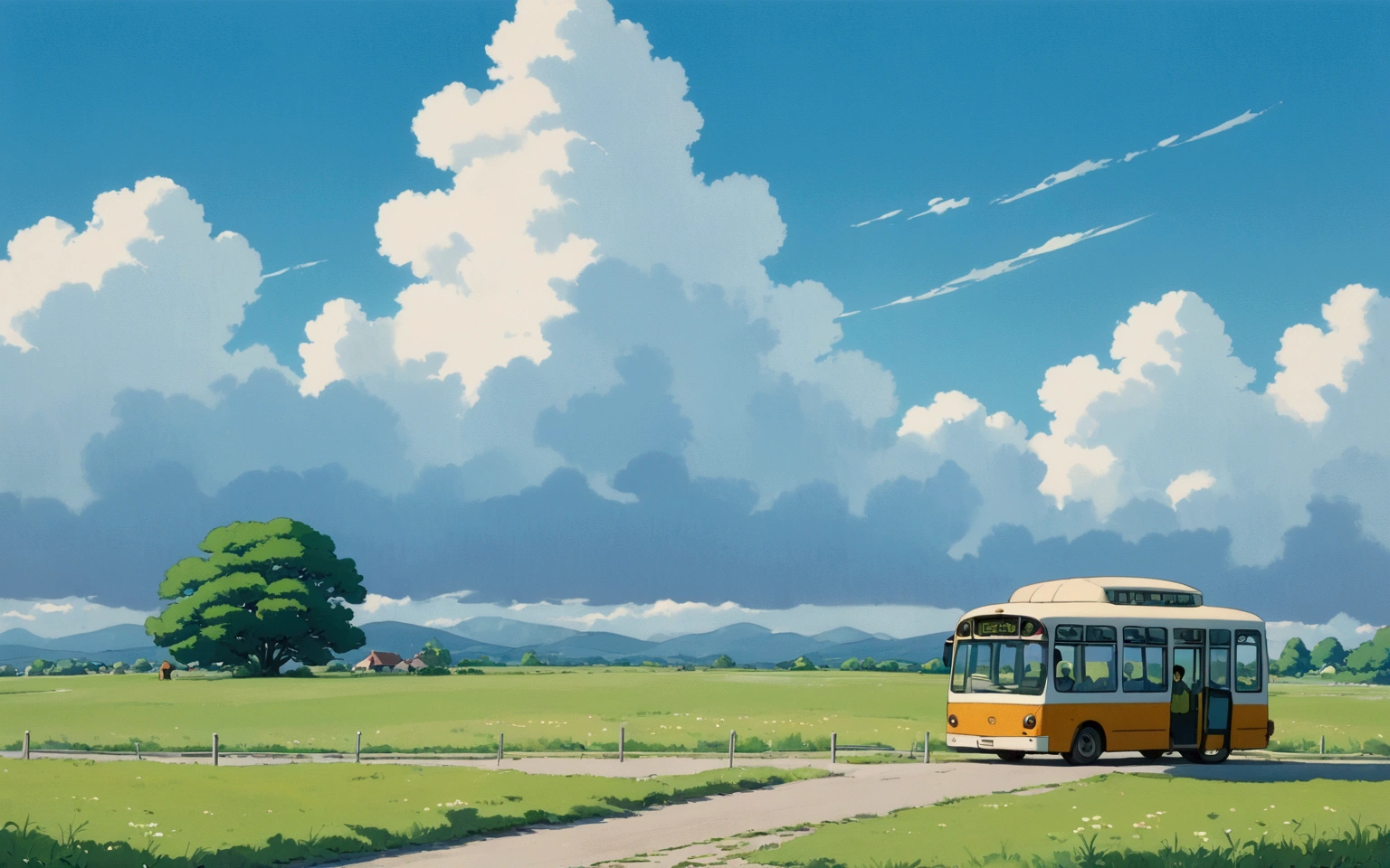 (minimalism:1.4), Bus stop , Studio Ghibli art, Miyazaki, pasture with blue sky and white clouds ,pastel , cute