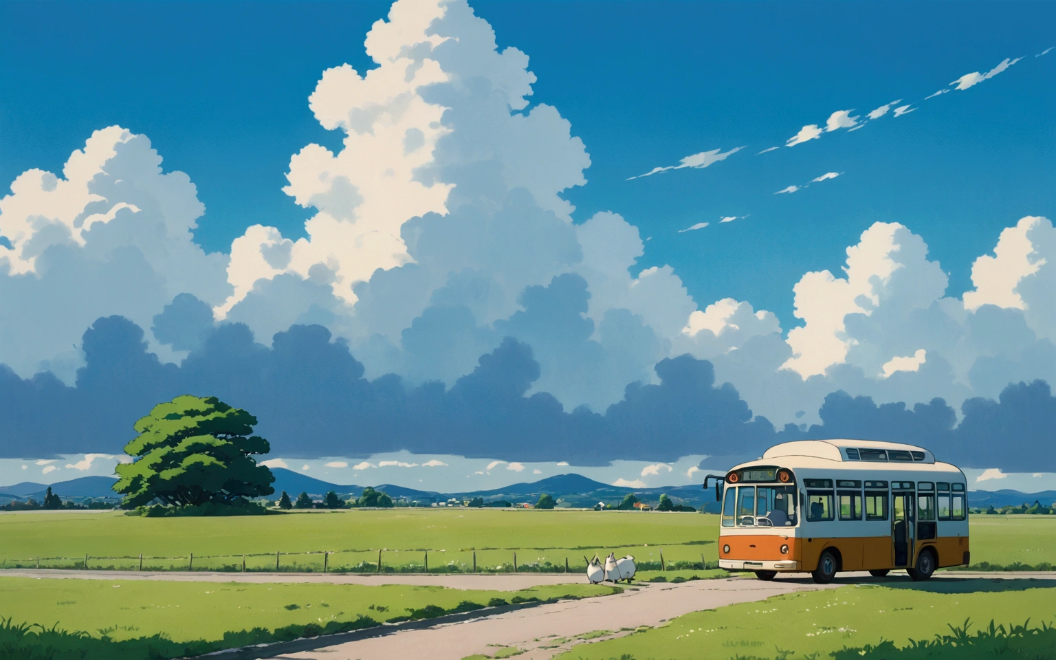 (minimalism:1.4), Bus stop , Studio Ghibli art, Miyazaki, pasture with blue sky and white clouds ,pastel , cute