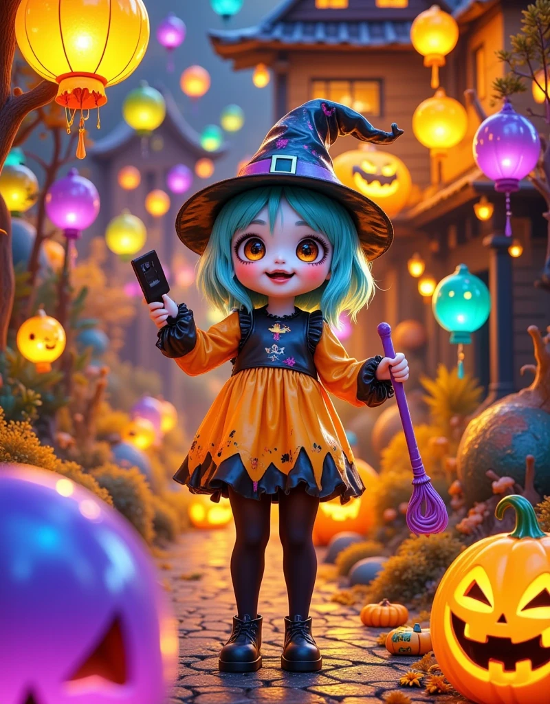 (Vision:1.0)，(Wide Angle:1.0)，(whole body:1.8)，  Halloween themed haunted house ，1girl,  A female model wears scary Halloween makeup，Wear a Halloween character costume，decorate，Atmosphere，(Halloween lanterns :1.3)，(colorful candy:1.5)，Halloween ，detail，vivid，Research 3D game art，photography，Movie Stills，Realism，Film Grain，UHD，masterpiece，accurate， anatomically correct，Skin texture ，超高detail，Award-winning works， best quality on the tree，8k，Bright colors，Bright，RGB， Colorful， is popular on social platforms，((Dopamineism))，(((Dopamine color matching)))，Facing the screen，High Saturation， High Contrast 