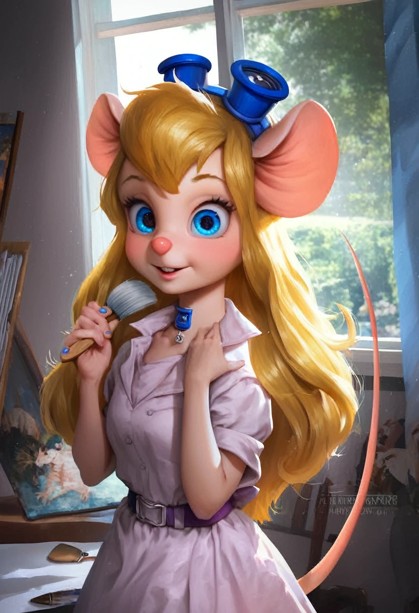 score_9, score_8, score_7, score_6, gadget, cartoon, mouse tail, blonde blue eyed girl with a brush and a painting board in front of a window, painted in anime painter studio, realistic cute girl painting, beautiful anime portrait, anime. soft lighting, detailed painting 4 k, anime realism style, realistic anime artstyle, artwork in the style of guweiz, realistic anime art style, made with anime painter studio, portrait anime girl