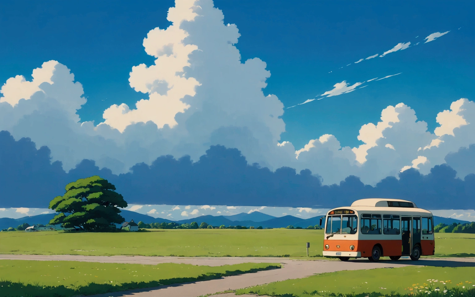 (minimalism:1.4), Bus stop , Studio Ghibli art, Miyazaki, pasture with blue sky and white clouds ,pastel , cute