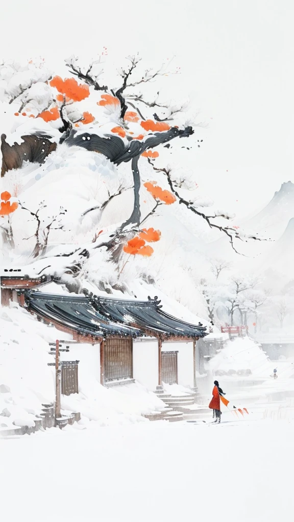 there is a painting of a person walking in the snow, chinese painting style, chinese watercolor style, chinese style painting, traditional chinese painting, traditional chinese ink painting, ink painting ) ) ) ), chinese brush pen illustration, traditional chinese watercolor, inspired by Dong Qichang, by Zhou Fang, chinese ink painting, museum ink painting, by Dong Qichang