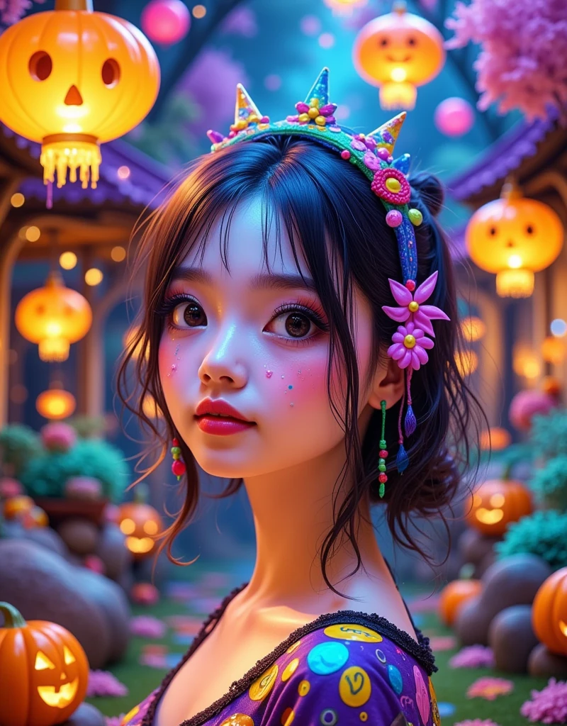 (Vision:1.0)，(Wide Angle:1.0)，(whole body:1.8)，  Halloween themed haunted house ，1girl, A female model wears scary Halloween makeup，Wear a Halloween character costume，decorate，Atmosphere，(Halloween lanterns:1.3)，(colorful candy:1.5)，Halloween ，detail，vivid，Research 3D game art，photography，Movie Stills，Realism，Film Grain，UHD，masterpiece，accurate， anatomically correct，Skin texture ，超高detail，Award-winning works， best quality on the tree，8k，Bright colors，Bright，RGB， Colorful， is popular on social platforms，((Dopamineism))，(((Dopamine color matching)))，Facing the screen，High Saturation， High Contrast 