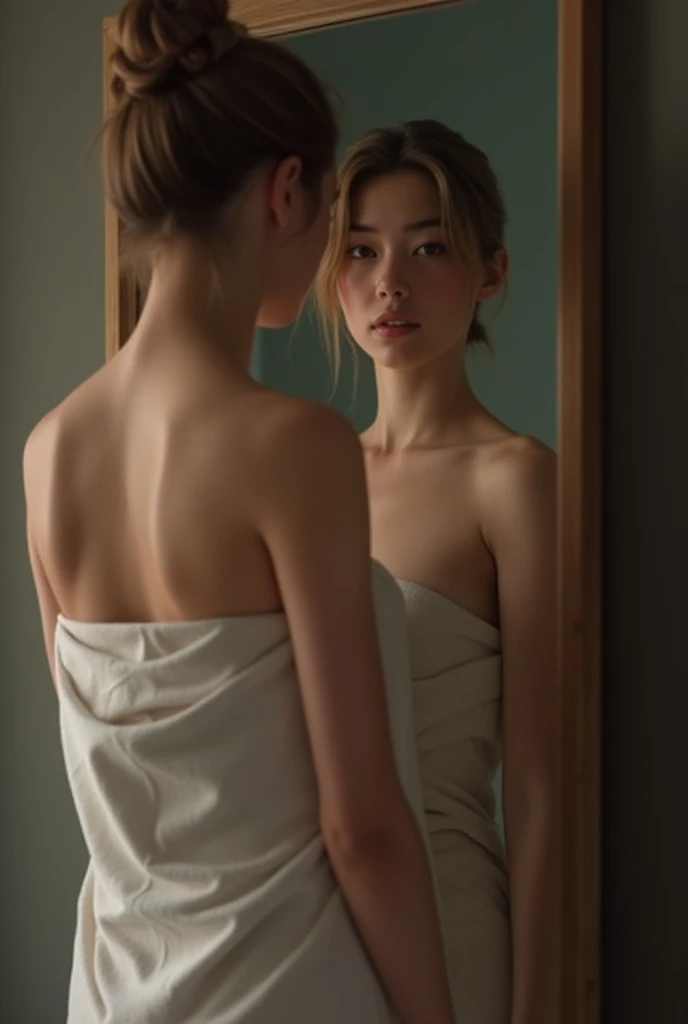 A full body length view, Within an Glass enclosed test tube, part of a futuristic Sci-fi Display, a 8k, High-definition, hyper detailed, picture shot on a Canon camera, a picture of a futuristic Sci-Fi Museum enclosure consisting of a full-body length view of attractive young (20 years old) nude woman modeled on Leah Lewis with a buzz cut chestnut hair, Nude, A beautiful perfect face, naked, encased in a transparent glass display, lighted by faint red lights, High-Quality Photo