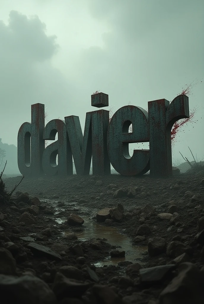 The name GameDavier ,  in a gloomy context such as war but in a field where two armies fought but without soldiers only remains of bombs and vehicles,  with the large letters in front ,  made of metal but old metal and with traces of blood in the letters ,  the name a little crooked that is floating in the field but not far from the ground 