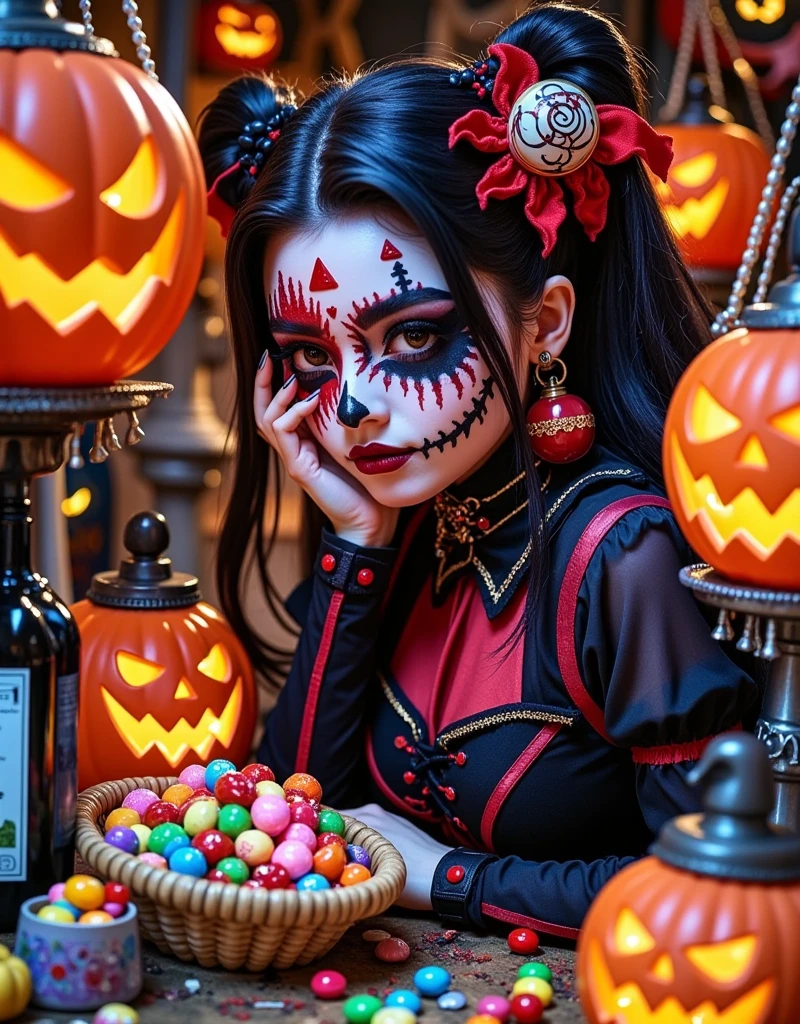 (Vision:1.0)，(Wide Angle:1.0)，(whole body:1.8)，  Halloween themed haunted house ，1girl, A female model wears scary Halloween makeup，Wear a Halloween character costume，decorate，Atmosphere，(Halloween lanterns:1.3)，(colorful candy:1.5)，Halloween ，detail，vivid，Research 3D game art，photography，Movie Stills，Realism，Film Grain，UHD，masterpiece，accurate， anatomically correct，Skin texture ，超高detail，Award-winning works， best quality on the tree，8k，Bright colors，Bright，RGB， Colorful， is popular on social platforms，((Dopamineism))，(((Dopamine color matching)))，Facing the screen，High Saturation， High Contrast 