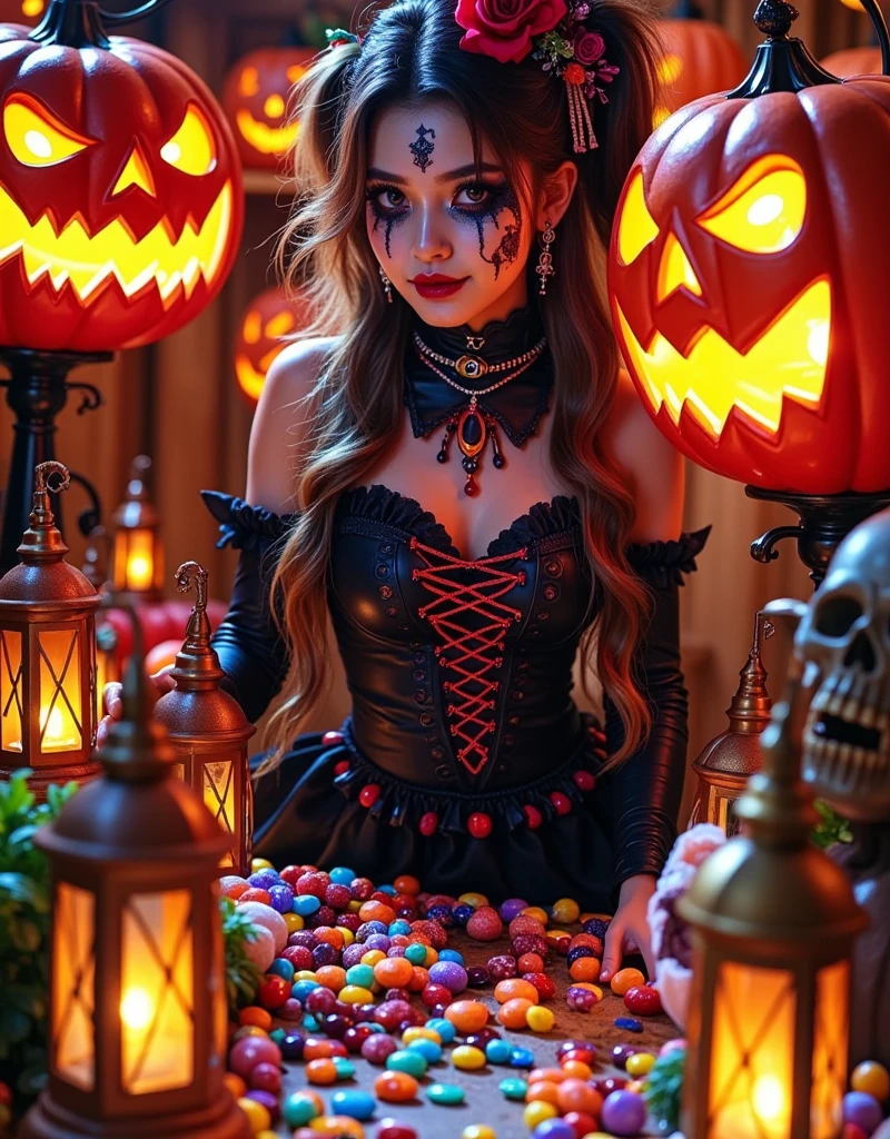 (Vision:1.0)，(Wide Angle:1.0)，(whole body:1.8)，  Halloween themed haunted house ，1girl, A female model wears scary Halloween makeup，Wear a Halloween character costume，decorate，Atmosphere，(Halloween lanterns:1.3)，(colorful candy:1.5)，Halloween ，detail，vivid，Research 3D game art，photography，Movie Stills，Realism，Film Grain，UHD，masterpiece，accurate， anatomically correct，Skin texture ，超高detail，Award-winning works， best quality on the tree，8k，Bright colors，Bright，RGB， Colorful， is popular on social platforms，((Dopamineism))，(((Dopamine color matching)))，Facing the screen，High Saturation， High Contrast 