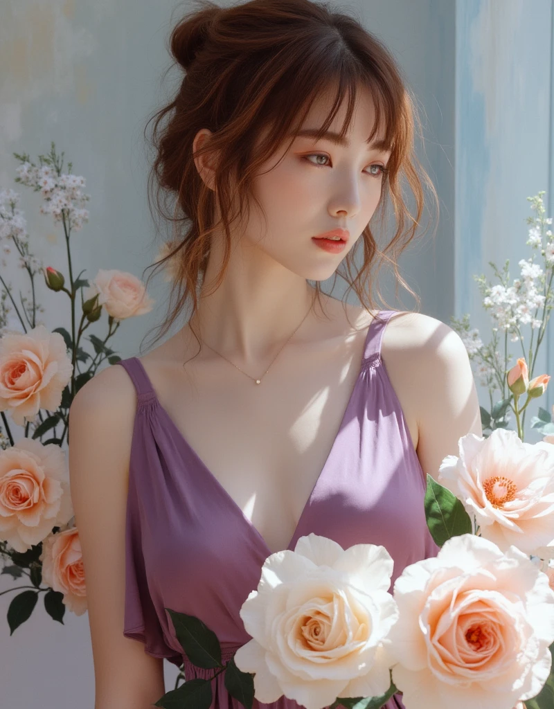 Asian woman in purple dress holding a bouquet of flowers, gorgeous chinese models, With flowers, beautiful Korean women, Beautiful Asian girl, Gorgeous young Korean woman, Sexy girl, Korean girl, beautiful female bodies, Beautiful young Korean woman, wenfei ye, Middle metaverse, sakimichan, By Leng Mei