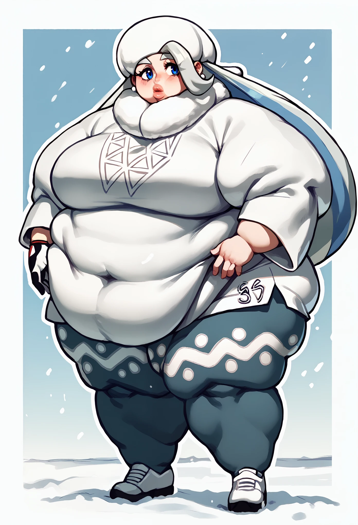 earrings, gloves, hat, jewelry, long sleeves, pantyhose, pantyhose under shorts, scarf, shorts, single glove, in the snow, sweater, white headwear, white scarf, white sweater,
pokemonmelony, blue eyes, eyelashes, long hair, multicolored hair, streaked hair, grey hair, fat, chubby, obese, gigantic arms and legs, full body shot, big lips 