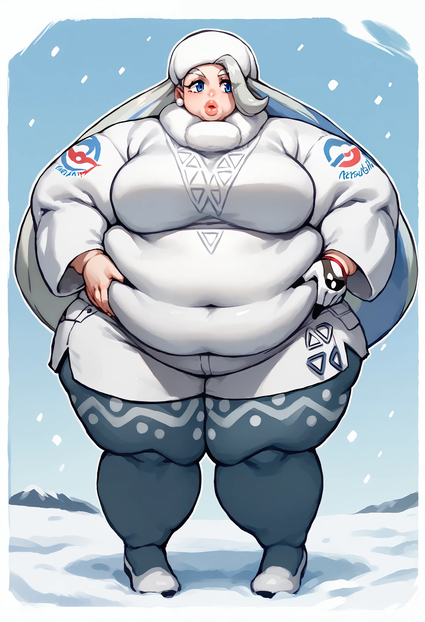 earrings, gloves, hat, jewelry, long sleeves, pantyhose, pantyhose under shorts, scarf, shorts, single glove, in the snow, sweater, white headwear, white scarf, white sweater,
pokemonmelony, blue eyes, eyelashes, long hair, multicolored hair, streaked hair, grey hair, fat, chubby, obese, gigantic arms and legs, full body shot, thick lips 