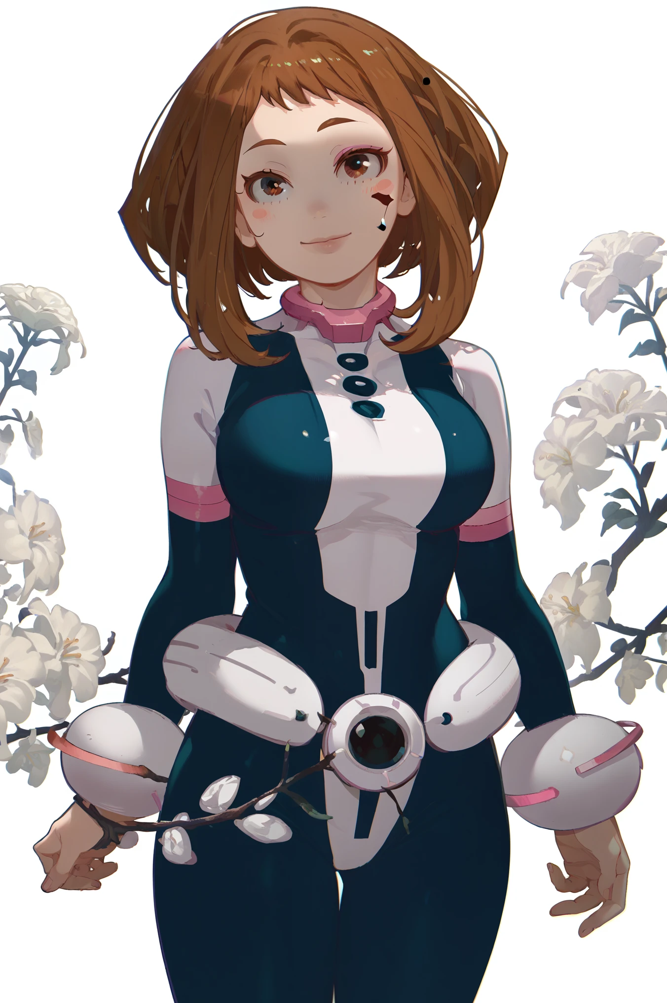 score_9, score_8_up, score_7_up, score_6_up 1girl, Ochako Uraraka, breasts, ochako uraraka, brown eyes, brown hair, short hair, blush, blush stickers,
,bodysuit, skin tight, superhero, tight clothes, big breasts, smile, closed mouth, looking at viewer, half lidded eyes, collarbone, hand on collarbone, eyeshadow, cowboy shot, flower, branch, white background, head tilt, standing, gem, thick lips,