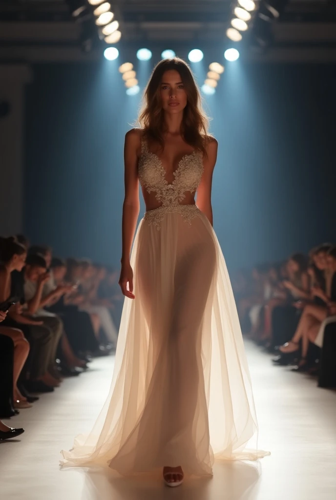 1 Asian model，Walking on the catwalk，Wearing a white silk vest，No underwear，Looming breasts，Focused Lights，Models have clear details，There is an event slogan behind the T-stage：Sexy Love
