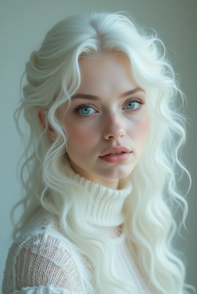 woman with fine features, albino, blue eyes and long curly hair, turtleneck sweater, lovely