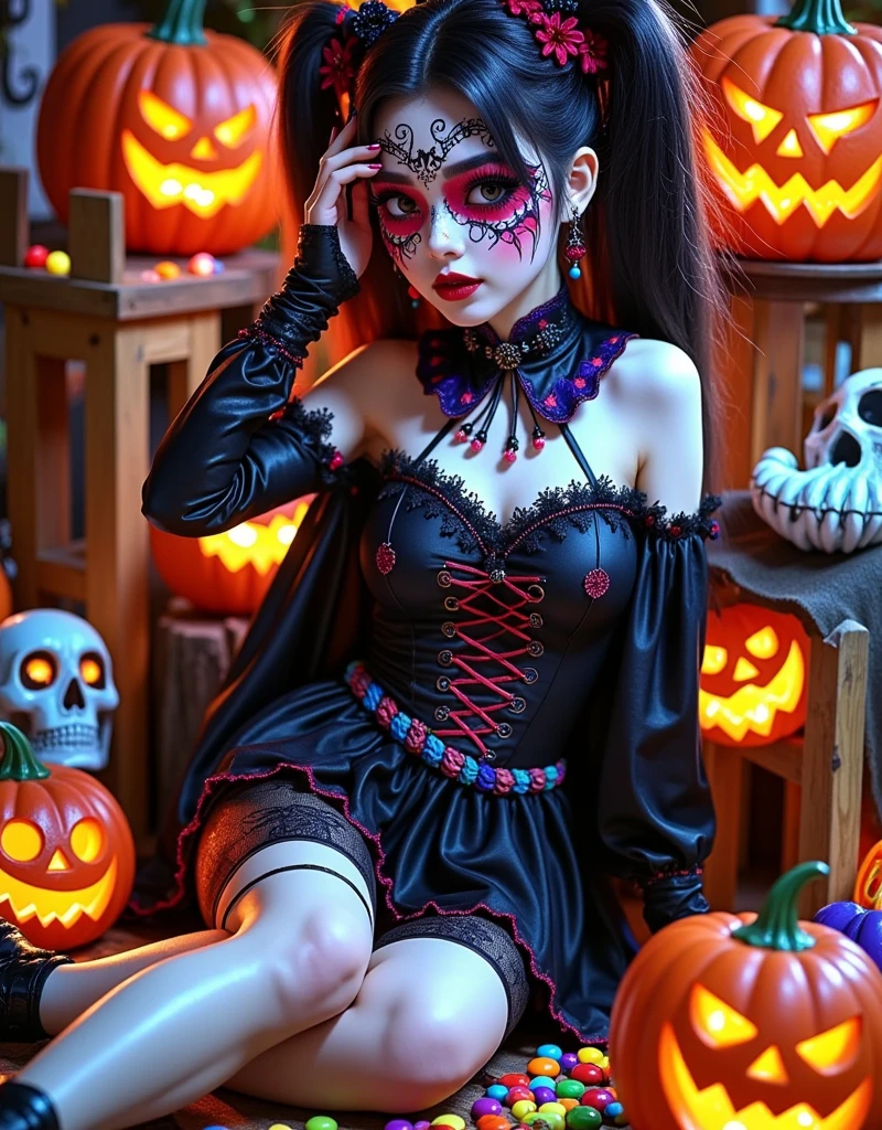 (Vision:1.0)，(Wide Angle:1.0)，(whole body:1.8)，  Halloween themed haunted house ，1girl,  A female model wears scary Halloween makeup，Wear a Halloween character costume，decorate，Atmosphere，(Halloween lanterns :1.3)，(colorful candy:1.5)，Halloween ，detail，vivid，Research 3D game art，photography，Movie Stills，Realism，Film Grain，UHD，masterpiece，accurate， anatomically correct，Skin texture ，超高detail，Award-winning works， best quality on the tree，8k，Bright colors，Bright，RGB， Colorful， is popular on social platforms，((Dopamineism))，(((Dopamine color matching)))，Facing the screen，High Saturation， High Contrast 