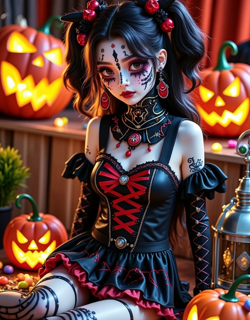 (Vision:1.0)，(Wide Angle:1.0)，(whole body:1.8)，  Halloween themed haunted house ，1girl,  A female model wears scary Halloween makeup，Wear a Halloween character costume，decorate，Atmosphere，(Halloween lanterns :1.3)，(colorful candy:1.5)，Halloween ，detail，vivid，Research 3D game art，photography，Movie Stills，Realism，Film Grain，UHD，masterpiece，accurate， anatomically correct，Skin texture ，超高detail，Award-winning works， best quality on the tree，8k，Bright colors，Bright，RGB， Colorful， is popular on social platforms，((Dopamineism))，(((Dopamine color matching)))，Facing the screen，High Saturation， High Contrast 