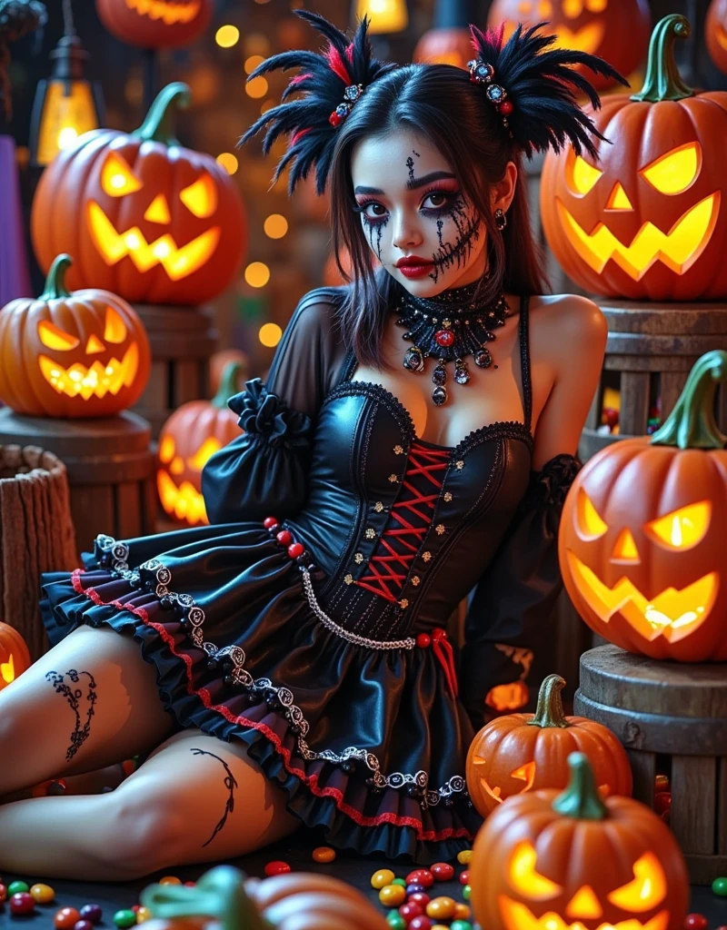 (Vision:1.0)，(Wide Angle:1.0)，(whole body:1.8)，  Halloween themed haunted house ，1girl,  A female model wears scary Halloween makeup，Wear a Halloween character costume，decorate，Atmosphere，(Halloween lanterns :1.3)，(colorful candy:1.5)，Halloween ，detail，vivid，Research 3D game art，photography，Movie Stills，Realism，Film Grain，UHD，masterpiece，accurate， anatomically correct，Skin texture ，超高detail，Award-winning works， best quality on the tree，8k，Bright colors，Bright，RGB， Colorful， is popular on social platforms，((Dopamineism))，(((Dopamine color matching)))，Facing the screen，High Saturation， High Contrast 