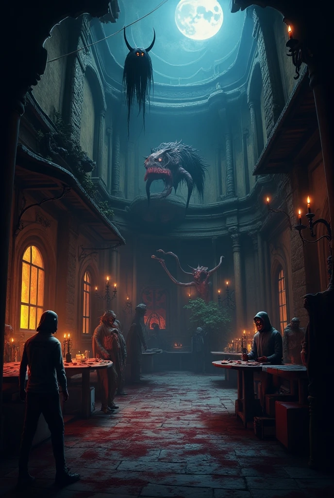 Infernal café interior, with chairs, tables and a bar coctel bar, animated in hell 
