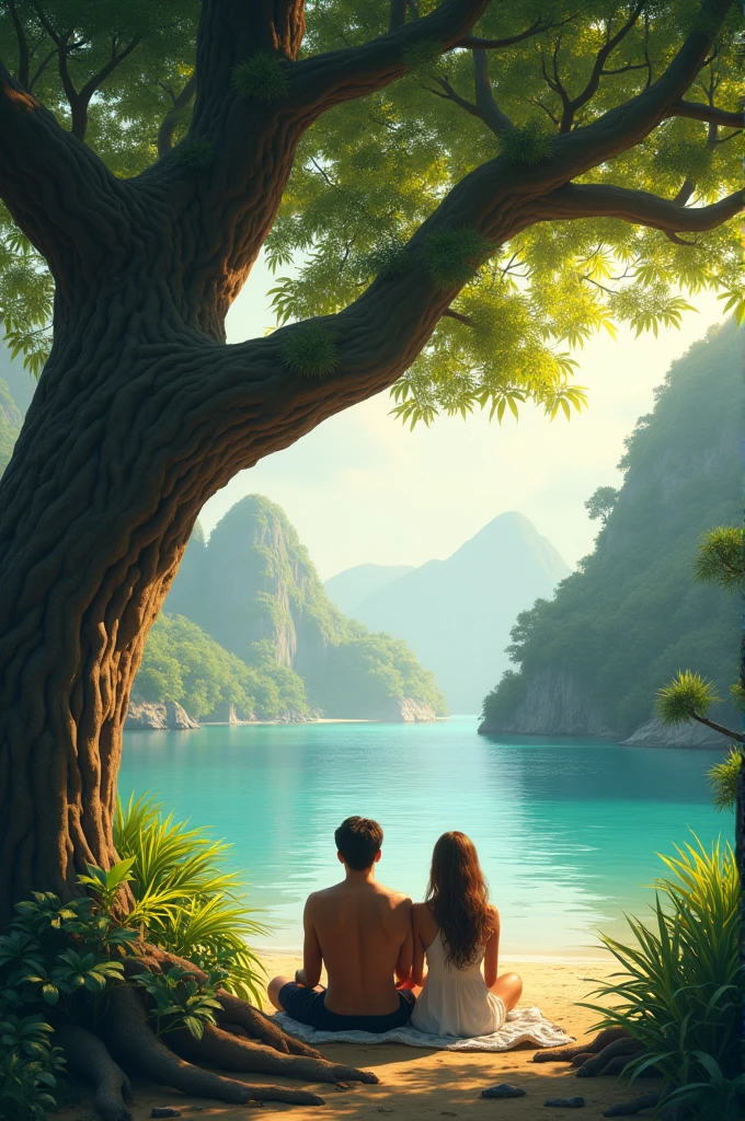 "Imagine a scene reminiscent of the Blue Lagoon where two young men and women passionately embrace in a crystal-clear lagoon. The surroundings are a lush forest with blooming flowers and butterflies fluttering about, all under a pristine blue sky. Your task is to create a high-definition photograph that captures the essence of this romantic and idyllic setting."