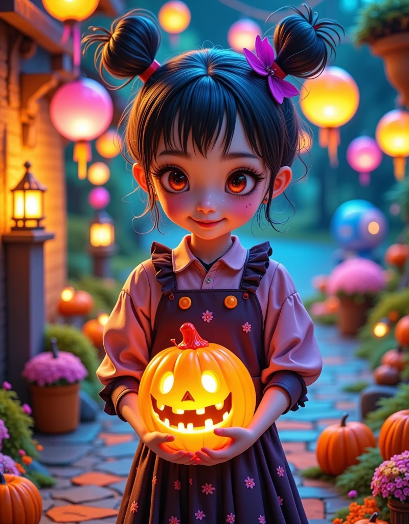 (Vision:1.0)，(Wide Angle:1.0)，(whole body:1.8)，  Halloween themed haunted house ，1girl, A female model wears scary Halloween makeup，Wear a Halloween character costume，decorate，Atmosphere，(Halloween lanterns:1.3)，(colorful candy:1.5)，Halloween ，detail，vivid，Research 3D game art，photography，Movie Stills，Realism，Film Grain，UHD，masterpiece，accurate， anatomically correct，Skin texture ，超高detail，Award-winning works， best quality on the tree，8k，Bright colors，Bright，RGB， Colorful， is popular on social platforms，((Dopamineism))，(((Dopamine color matching)))，Facing the screen，High Saturation， High Contrast 