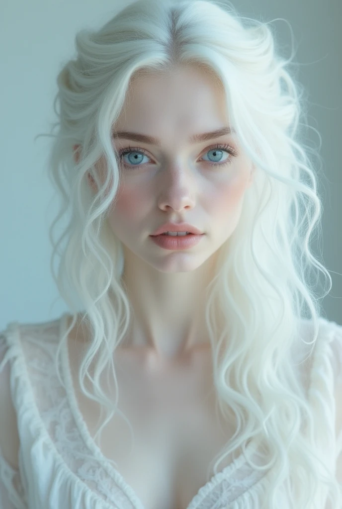 woman with fine features, albino, blue eyes and long curly hair, pajamas