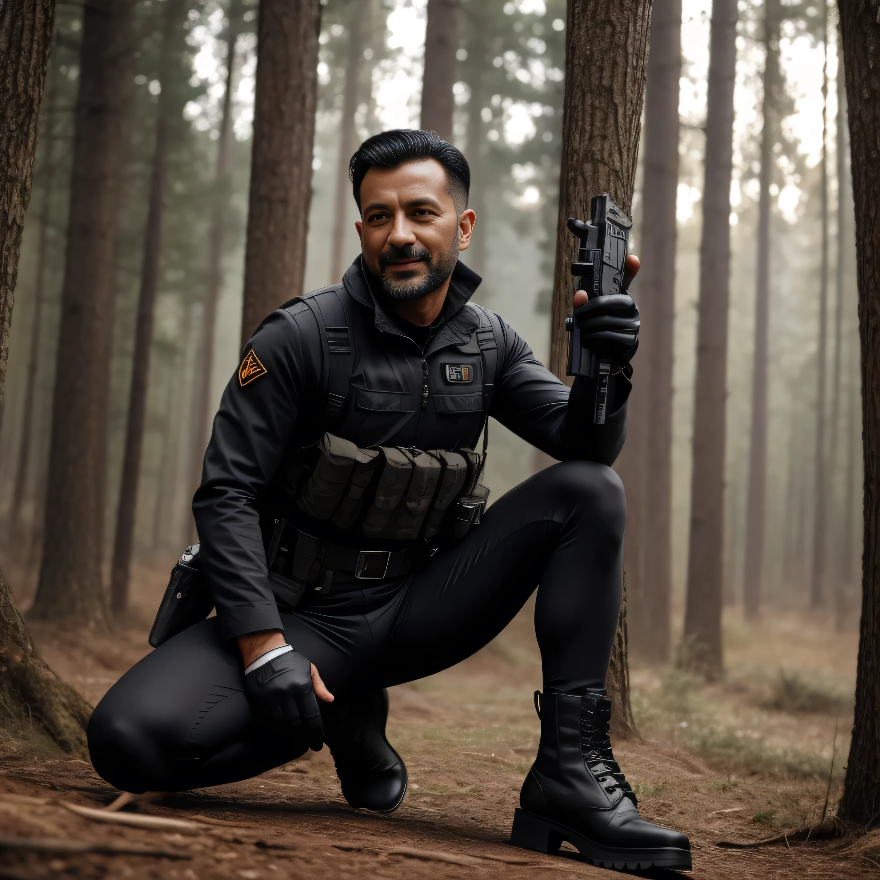 30 years old,One Man,、Camouflage full-body tights、Shocker Belt、Black gloves、Brown boots、With a handgun on his hip、In the woods、Stand with your legs open on top of the tree。Black Hair。Pretty short and even shorter short hair、Handsome soldier Iraqi face The crotch area of my pants is bulging Seen from below