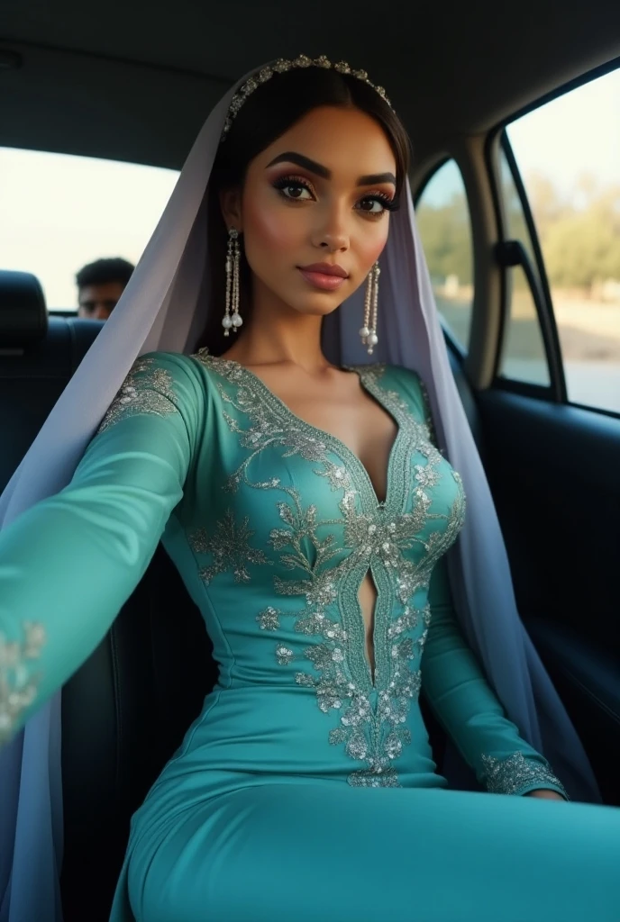 Woman in blue dress sitting in the car with open hood, sitting in her car, beautiful Arab woman, Arab princess, Arab beauty, beautiful oriental woman, completely covered with curtains, wrapped in transparent cloth, beautiful Asian woman sitting, Arab princess, dressed in blue robe, close body shot, dressed in a blue robe, portrait, pale-skinned Persian woman, blue dress