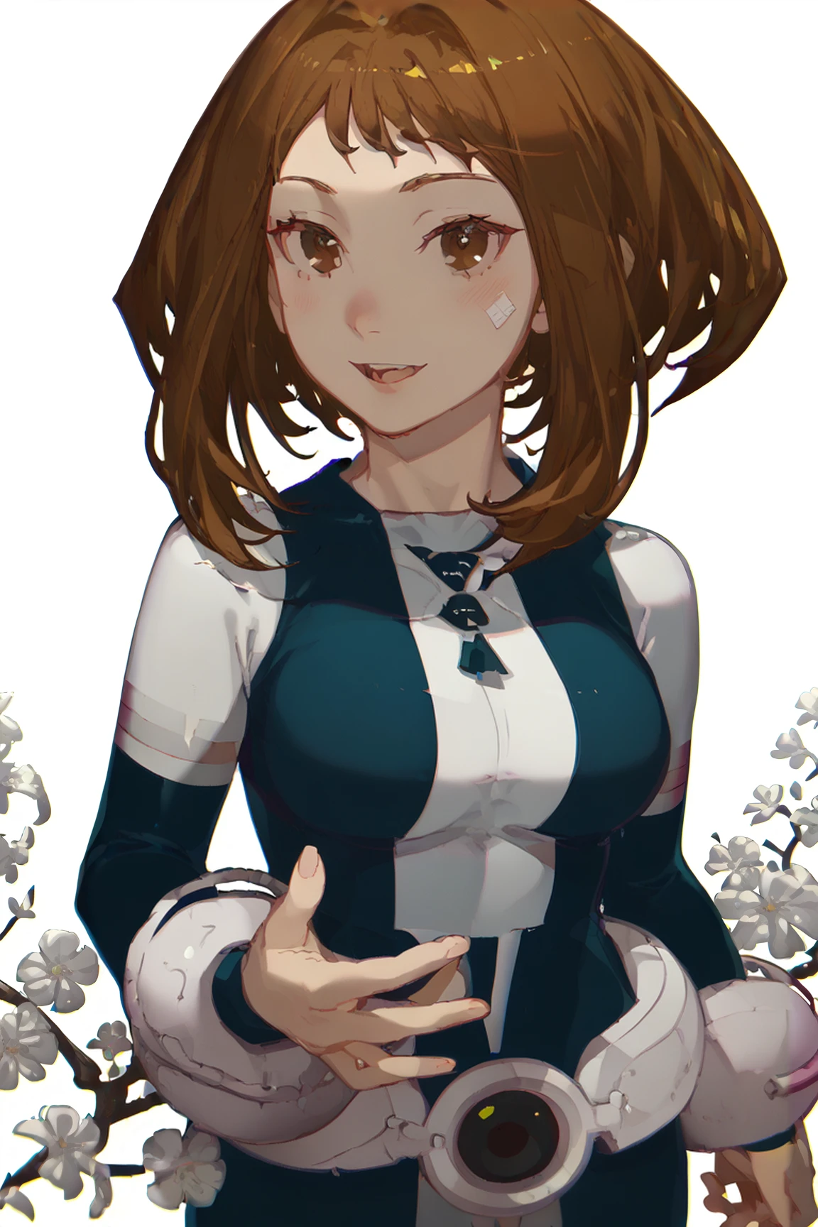 score_9, score_8_up, score_7_up, score_6_up 1girl, Ochako Uraraka, breasts, ochako uraraka, brown eyes, brown hair, short hair, blush, blush stickers,
,bodysuit, skin tight, superhero, tight clothes, big breasts, smile, closed mouth, looking at viewer, half lidded eyes, collarbone, hand on collarbone, eyeshadow, cowboy shot, flower, branch, white background, head tilt, standing, gem, thick lips,