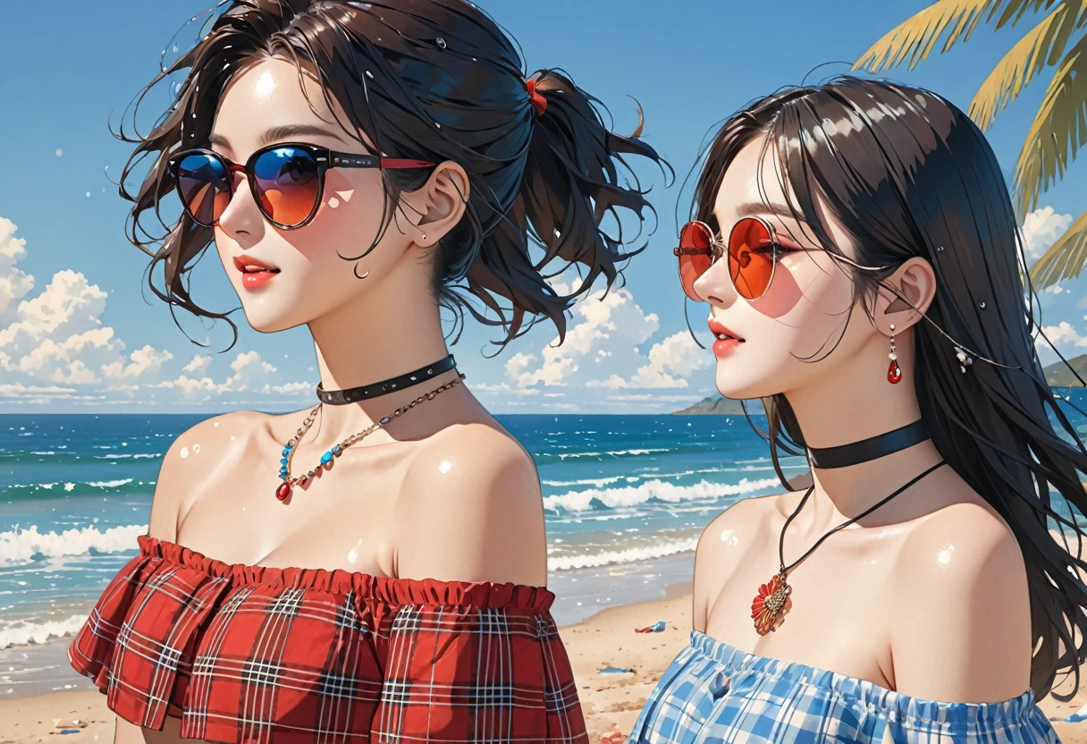 Summer, 2 girls, Beach ，, Brownish, coconut tree, printed halter top, a pink dress, redlips, hat decorated with small flowers, sunglasses, floral, ear ring, jewelry, pink denim shorts, ice cream，，，，，，，，, ice watermelon, tag, SKY、, out door,,