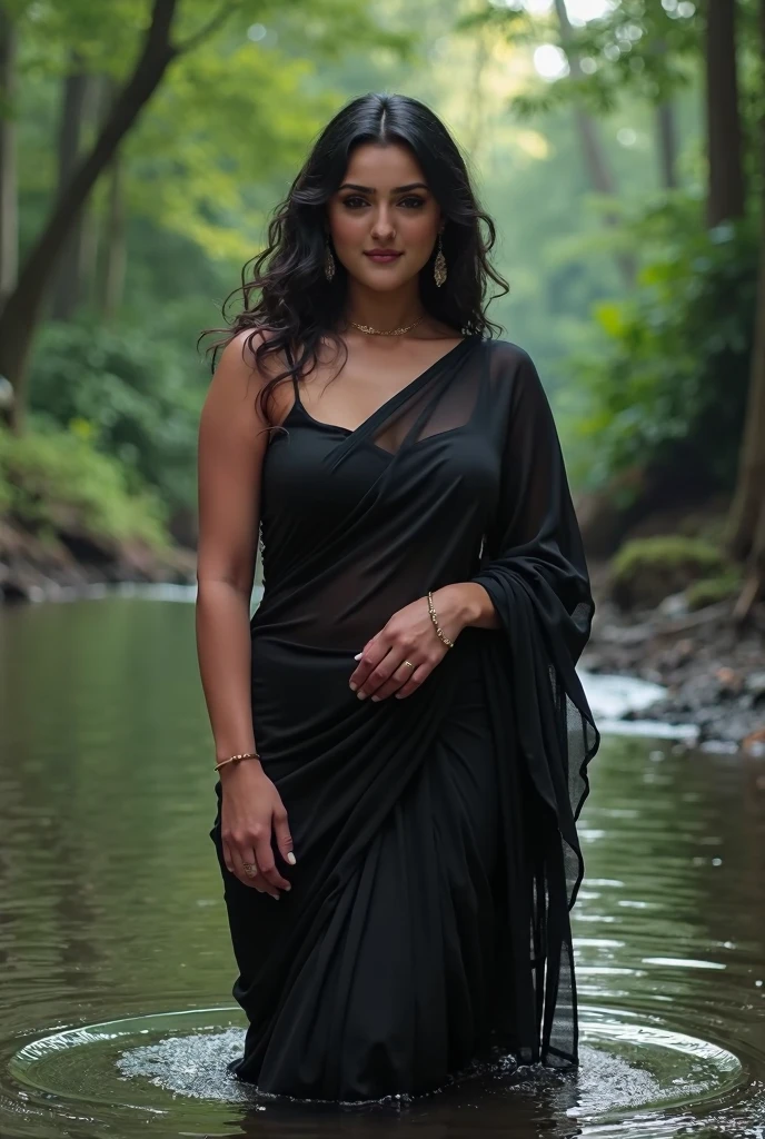 Happy latina, black see through Saree, full body, curvy, voluptuous figure, massive cleavage, high ponytail, posing in a beach, chin up, day scene, breasts visible show, 90% breasts popping out, hourglass figure, massive breasts, nipple visible, seductive face, look at camera and smile, erotic adult face, 40 yo, soft volumetric lights, intricate details, (ArtStation:1.2)