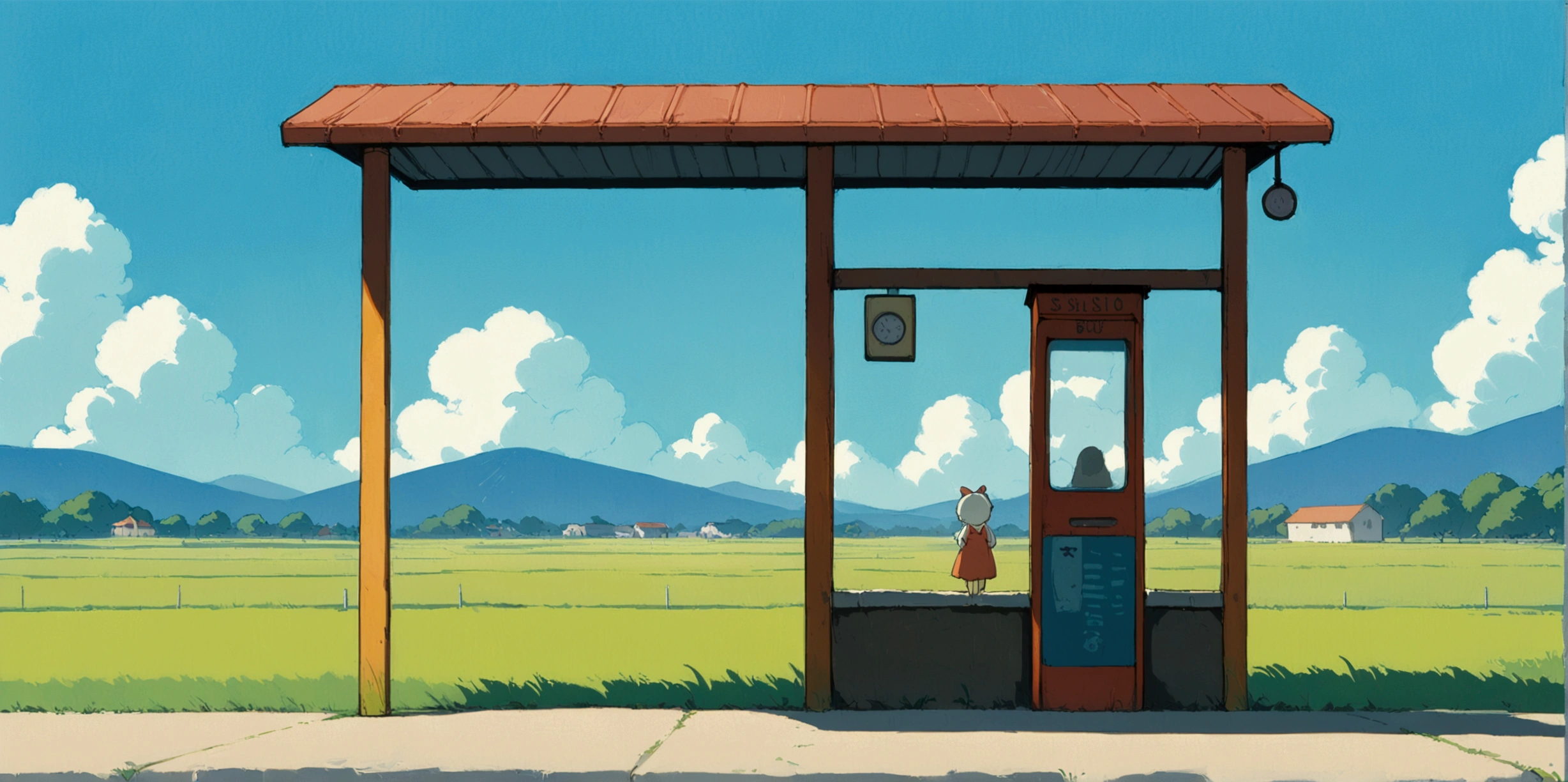 (minimalism:1.4), Bus stop , Studio Ghibli art, Miyazaki, pasture with blue sky and white clouds ,pastel , cute